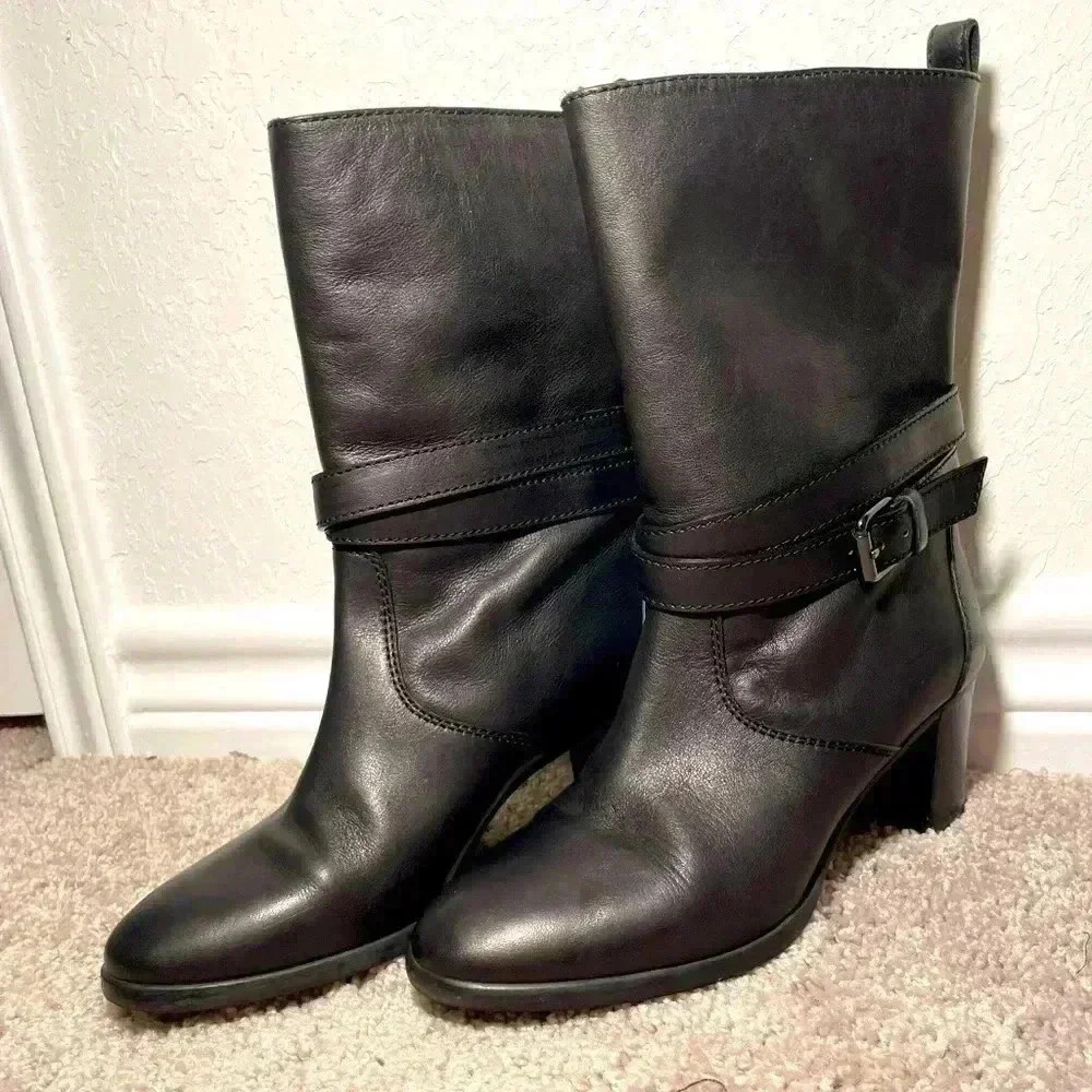 J CREW Extended Calf Black Leather Boots with Buckle Womens Size 7